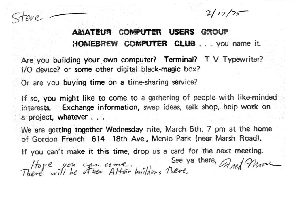 Приглашение на первое собрание Homebrew Computer Club, 5 марта 1975 года