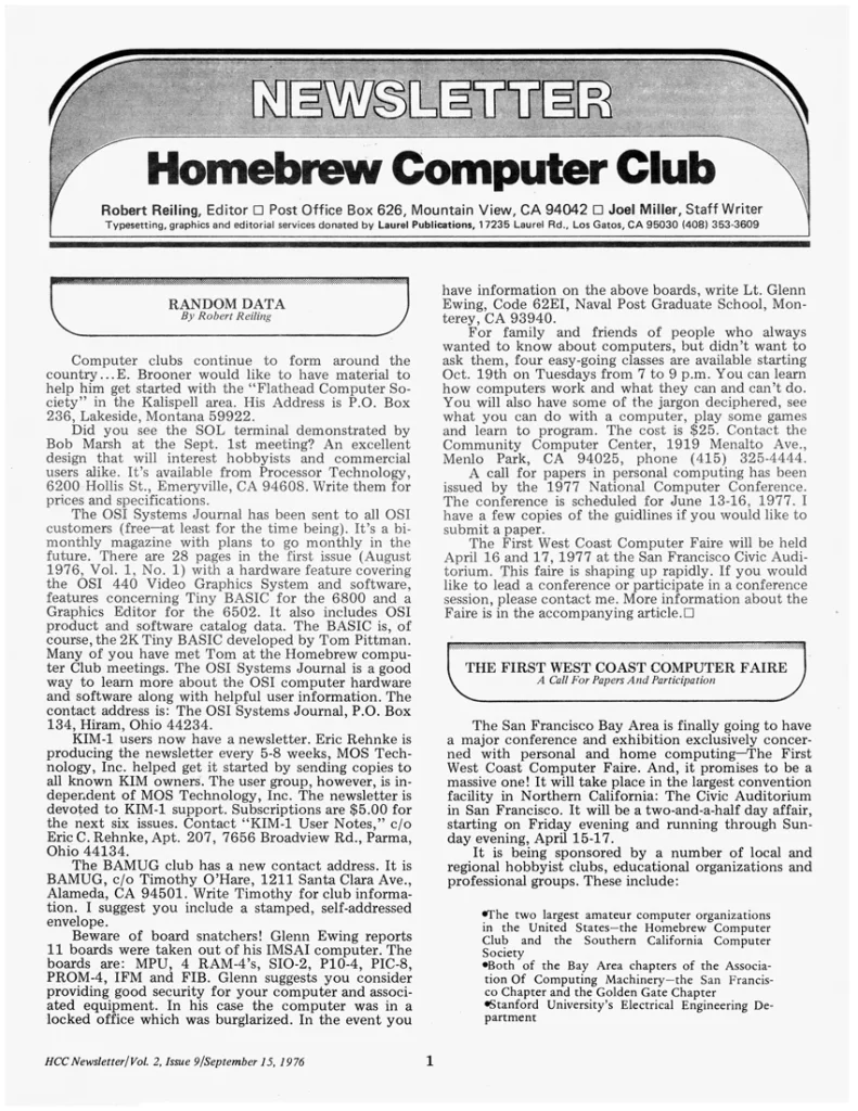 Бюллетень Homebrew Computer Club, сентябрь 1976 года