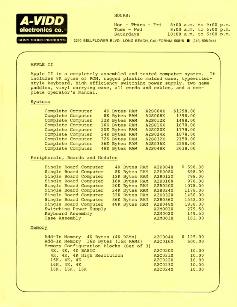 Прайс-лист на технику Apple от дилера A-Vidd Electronics (Лонг-Бич), 1977 год