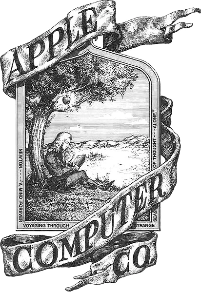 Первый логотип Apple работы Рональда Уэйна (1976): Исаак Ньютон под яблоней