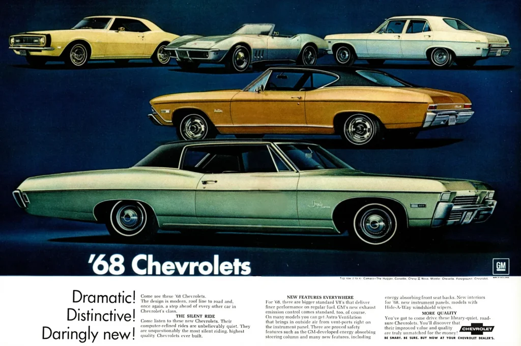 Реклама Chevrolet 1968 года в журнале Time: жёлтый Camaro, Corvette, Nova, Chevelle, Impala