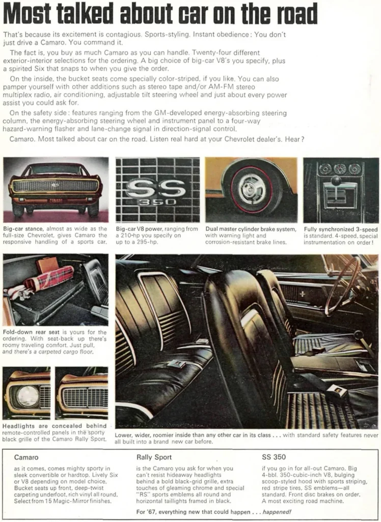 Шевроле Камаро 1967 года, фото из рекламы Most talked about car on the road: решётка, мотор SS 350, салон