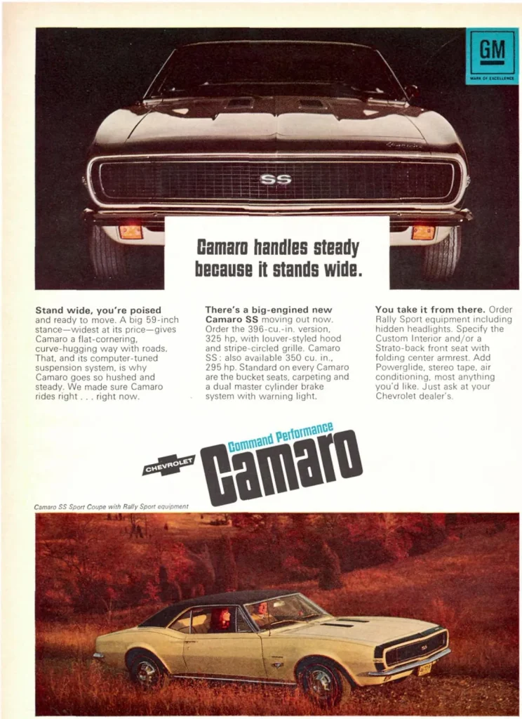 Шевроле Камаро 1967 года, фото из рекламы Camaro handles steady because it stands wide: SS анфас и жёлтое купе
