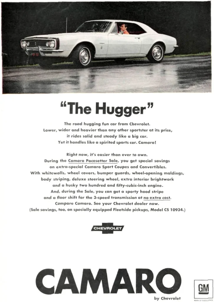 Шевроле Камаро 1967 года, фото из рекламы The Hugger: белое купе на мокрой дороге