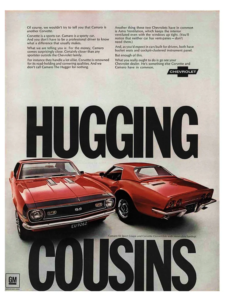 Реклама Hugging Cousins: Camaro SS и Corvette 1968 года в журнале Esquire