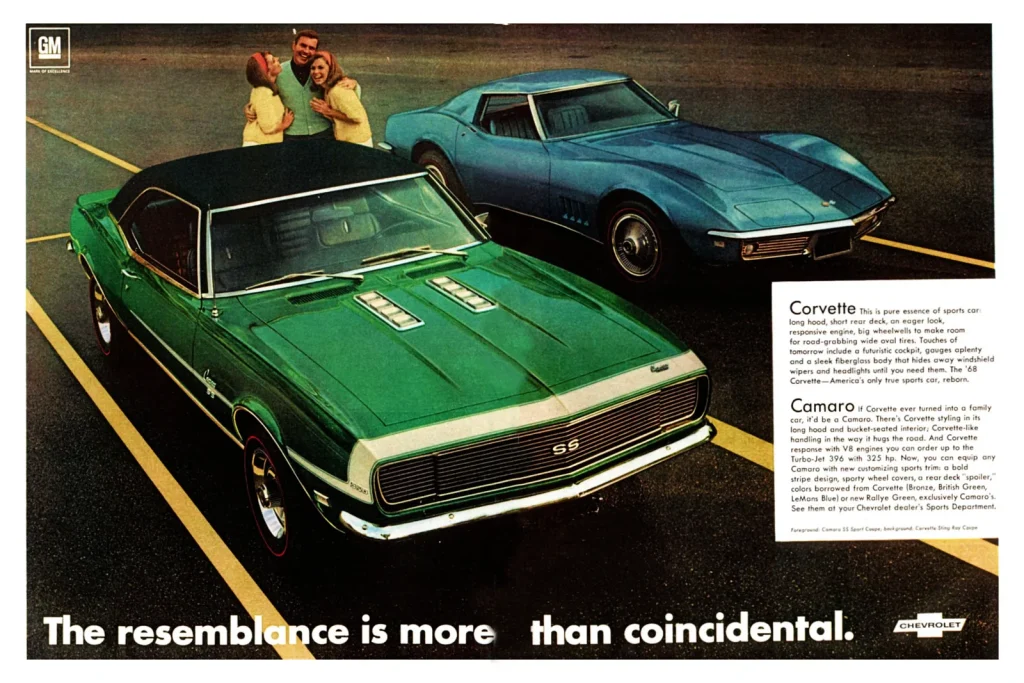 Реклама Camaro SS 396 и Corvette Sting Ray в журнале Time, май 1968 года