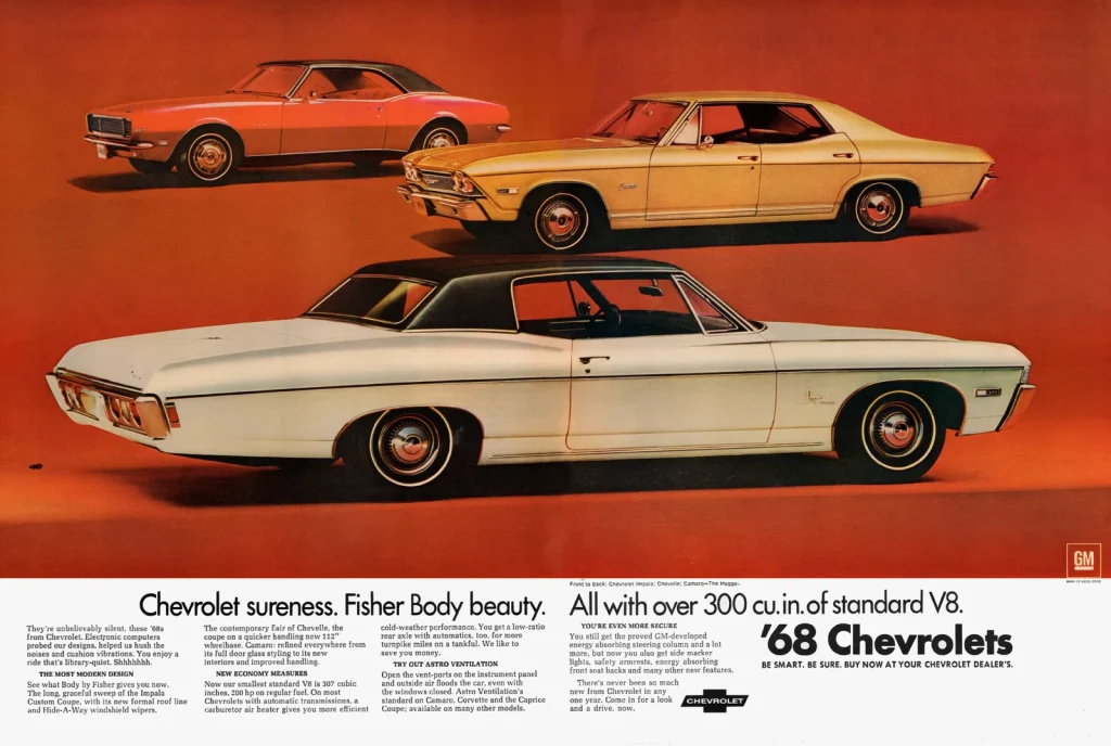 Реклама Chevrolet 1968 года: Camaro, Chevelle и Impala на красном фоне