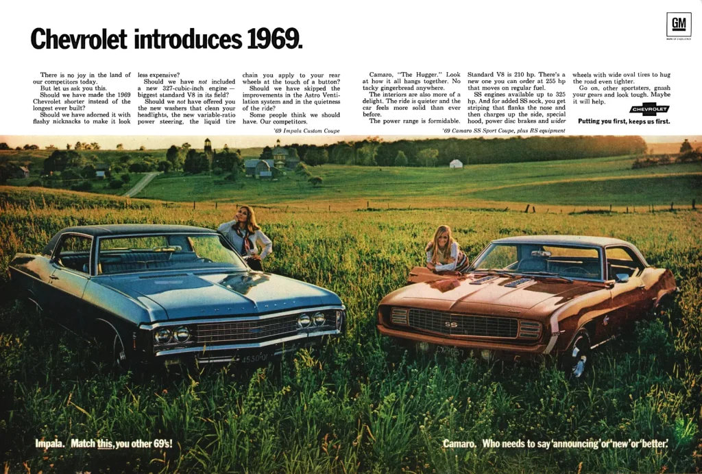 Реклама Chevrolet introduces 1969 в журнале Time: Camaro SS и Impala