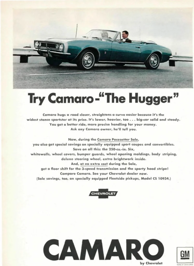 Шевроле Камаро 1967 года, фото из рекламы Try Camaro The Hugger: зелёный кабриолет