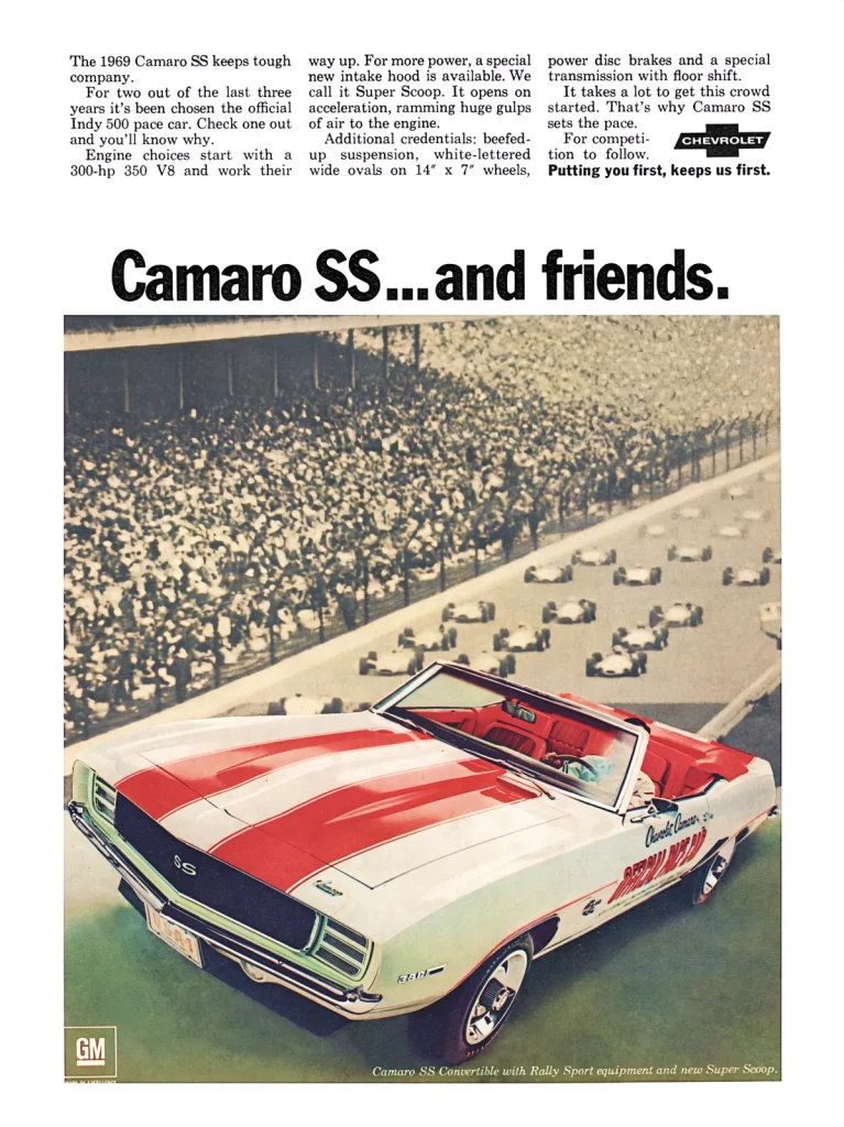 Реклама Camaro SS кабриолет в раскраске пейс-кара на фоне трибун Индианаполиса, 1969 год