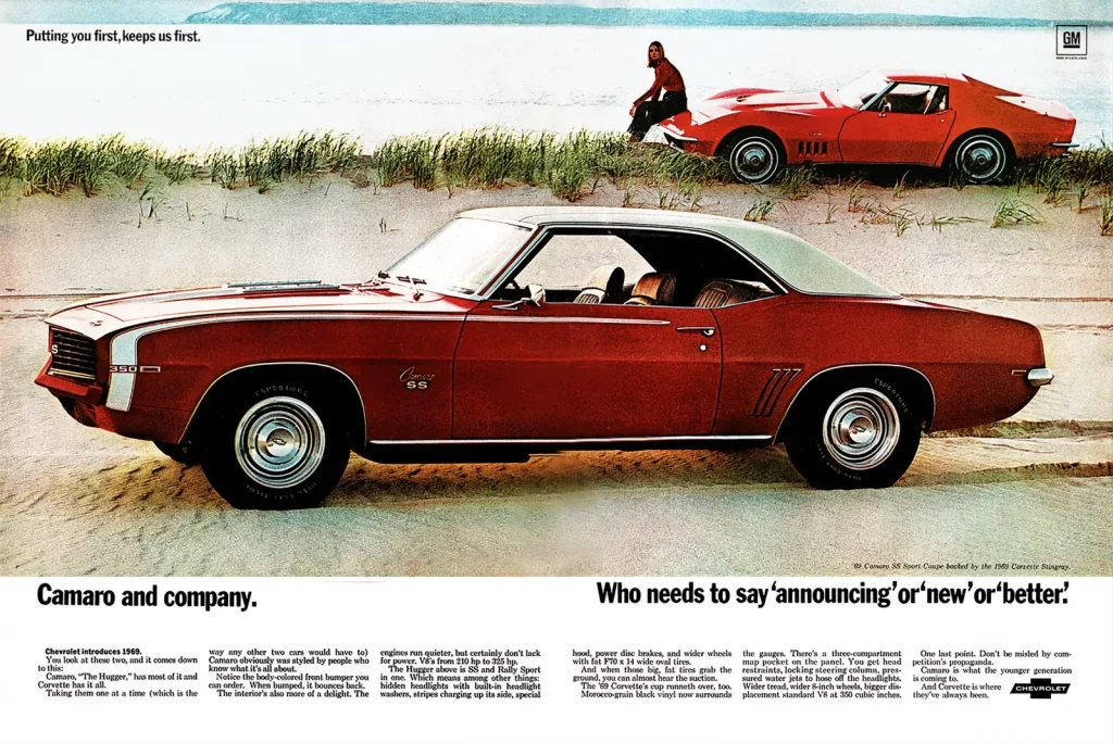 Реклама Camaro and company: Camaro SS 1969 на пляже, Corvette сзади