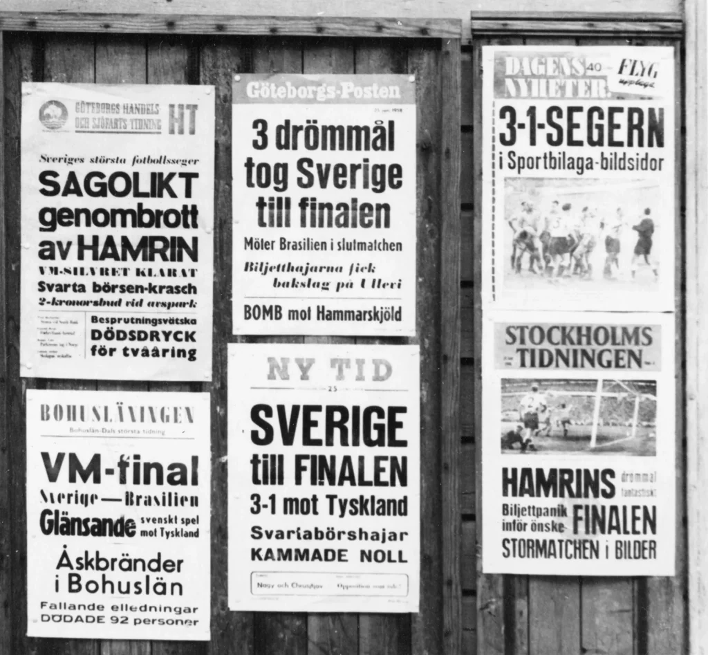 Шведские газетные плакаты июня 1958 года о чемпионате мира: финал Швеция — Бразилия, победа над ФРГ