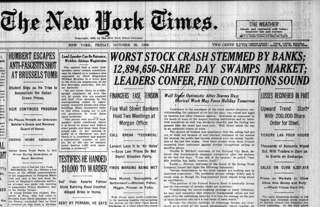 Первая полоса The New York Times 25 октября 1929 года с заголовком Worst Stock Crash Stemmed by Banks