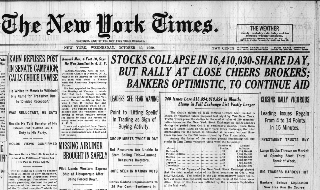 Первая полоса The New York Times 30 октября 1929 года с заголовком Stocks Collapse in 16,410,030-Share Day