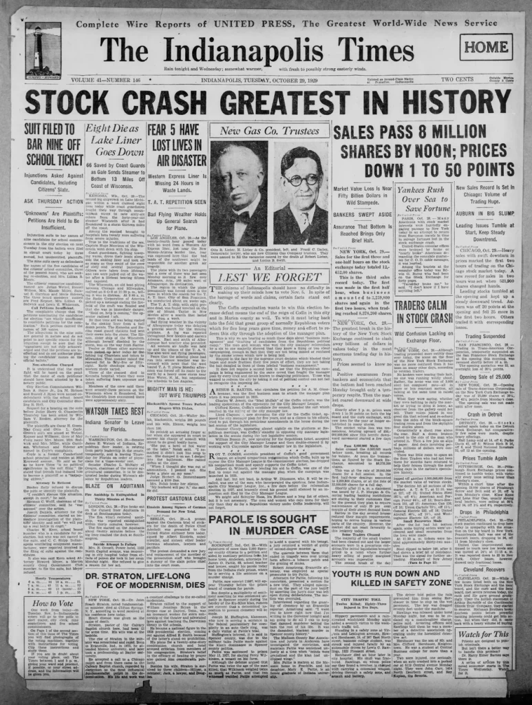 Первая полоса The Indianapolis Times 29 октября 1929 года с заголовком Stock Crash Greatest in History