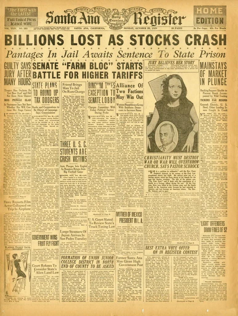 Первая полоса газеты Santa Ana Register 28 октября 1929 года с заголовком Billions Lost as Stocks Crash