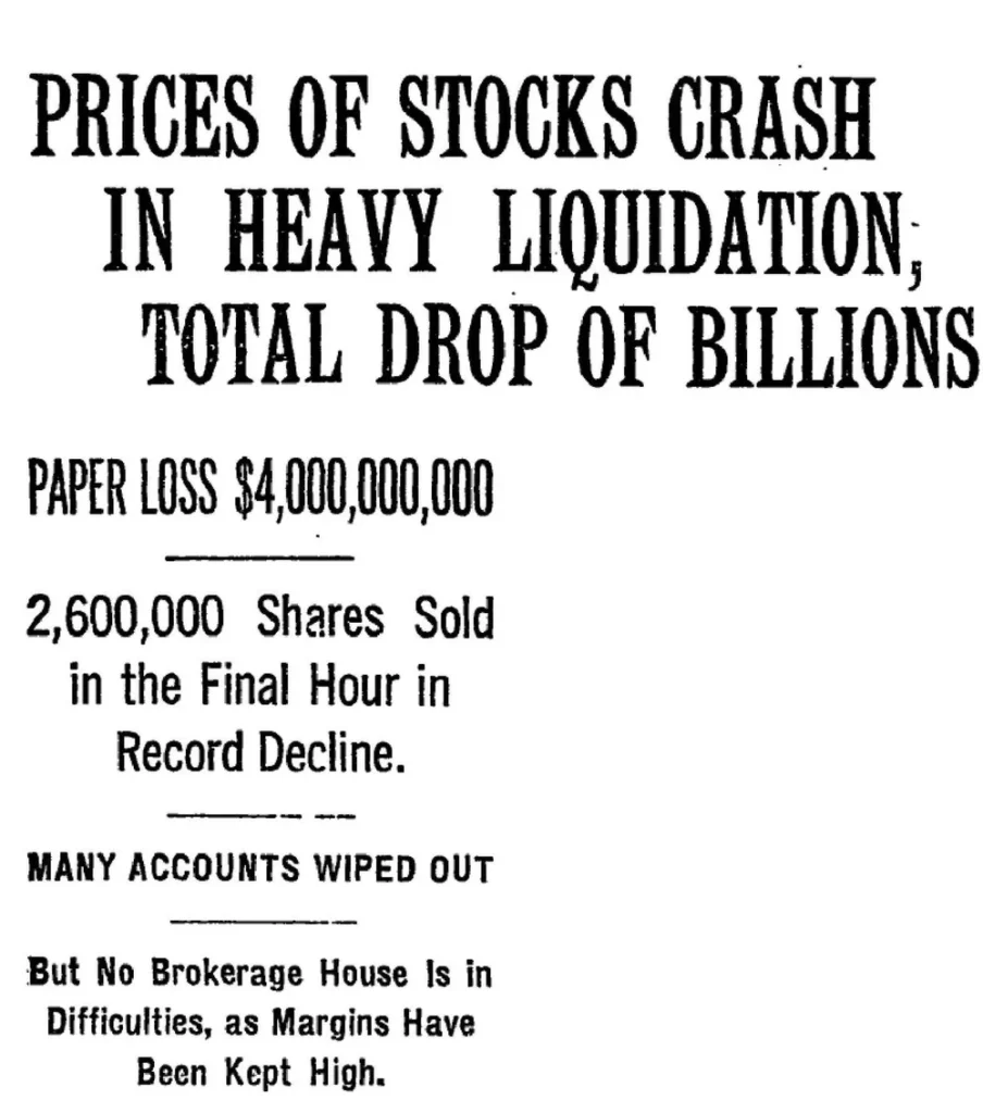 Заголовок The New York Times 24 октября 1929 года: Prices of Stocks Crash in Heavy Liquidation, Paper Loss $4,000,000,000