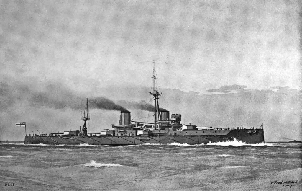Линкор Дредноут, фронтиспис справочника Brassey's Naval Annual 1907 года, рисунок Уильяма Фредерика Митчелла
