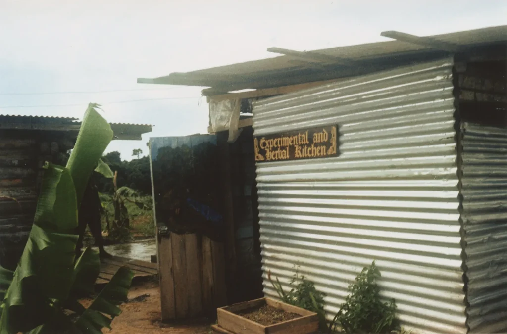 Жестяной сарай с вывеской Experimental and Herbal Kitchen в Джонстауне, 1978 год