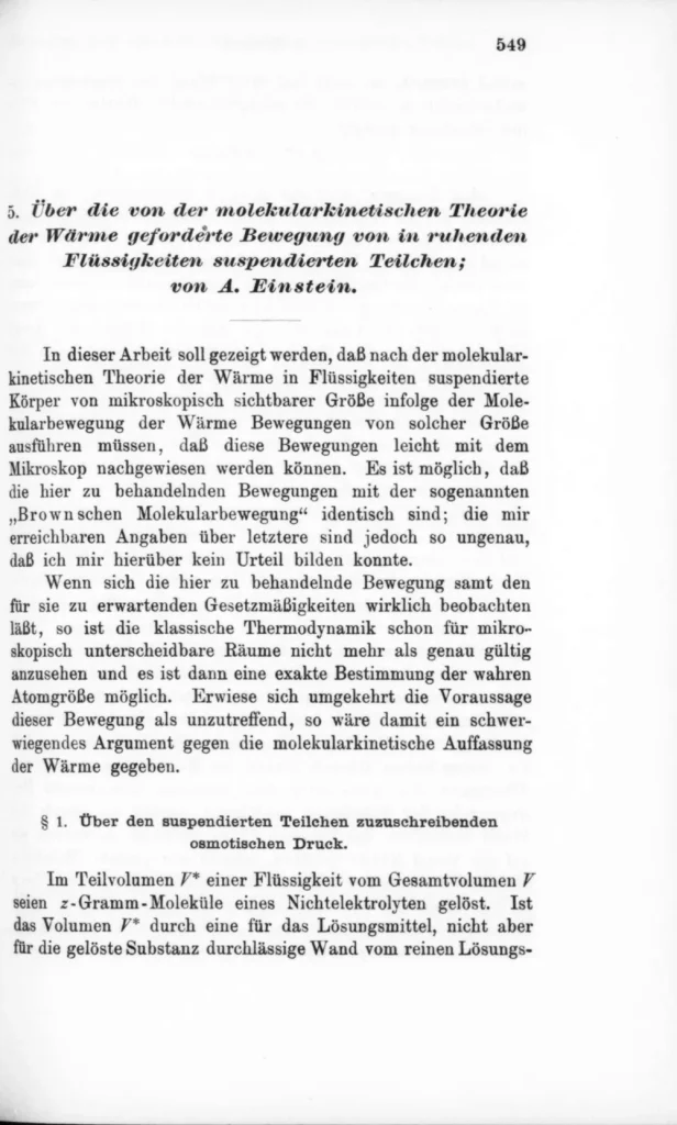 Первая страница статьи Эйнштейна о броуновском движении, 1905 год