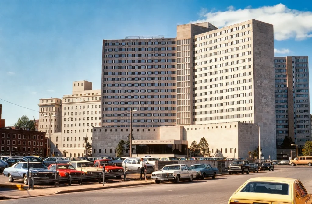 Баптистская мемориальная больница Мемфиса (1982). Здесь в 15:30 16 августа констатировали смерть Элвиса