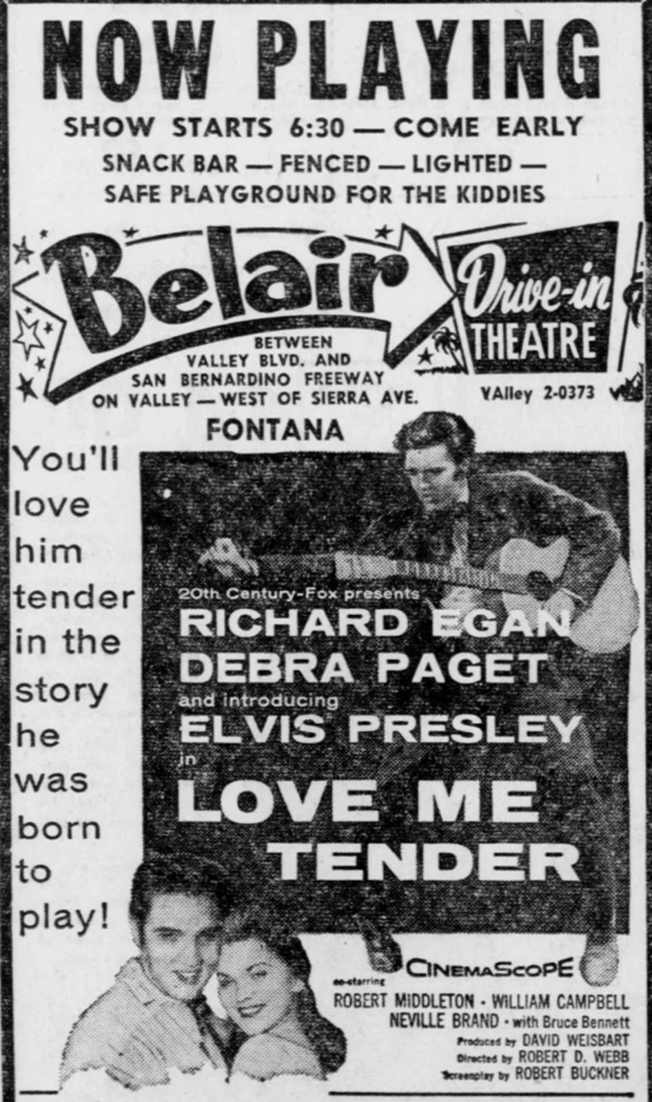 Реклама «Love Me Tender» в автокинотеатре Belair, Фонтана (Калифорния), 22 ноября 1956