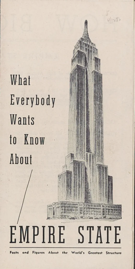 Обложка буклета Empire State 1931 года: рисунок небоскрёба и надпись «What Everybody Wants to Know About Empire State»