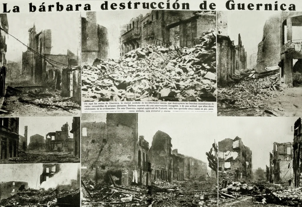 Газетная полоса La Vanguardia от 26 мая 1937 года с заголовком «La bárbara destrucción de Guernica» и восемью снимками руин