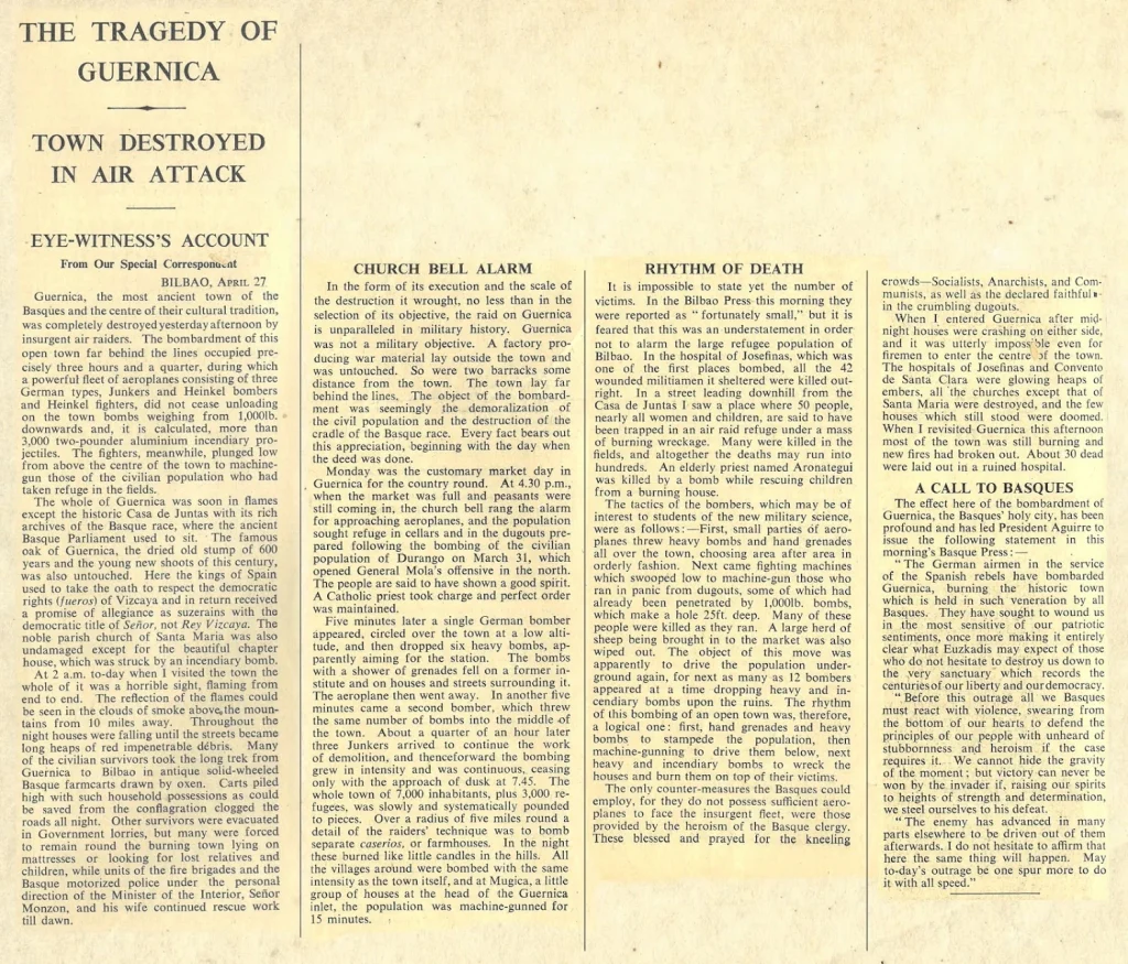 Вырезка из The Times от 28 апреля 1937 года: заголовок «The Tragedy of Guernica. Town destroyed in air attack. Eye-witness's account» и текст в четыре колонки