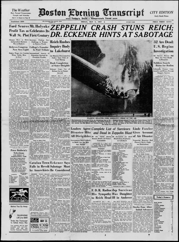 Первая полоса газеты Boston Evening Transcript 7 мая 1937 года с крупным фото горящего дирижабля и заголовком о катастрофе