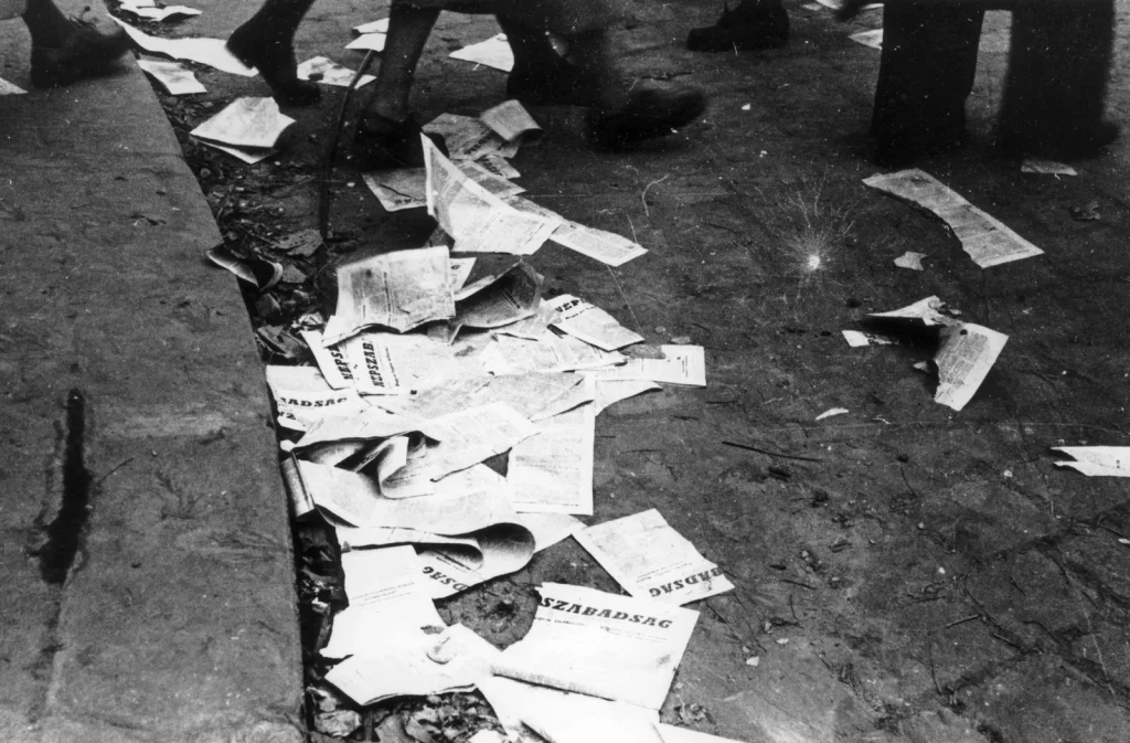 Разорванные экземпляры газеты «Népszabadság» за 13 ноября 1956 года на тротуаре Будапешта