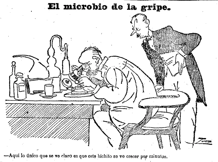 Испанка в Мадриде: карикатура Heraldo de Madrid 1918 года — учёный у микроскопа, за ним наблюдает господин в котелке