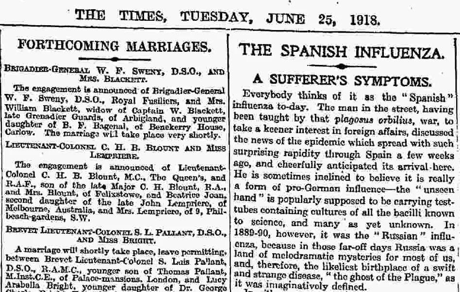 Заметка The Times от 25 июня 1918 года под заголовком The Spanish Influenza — A Sufferer's Symptoms