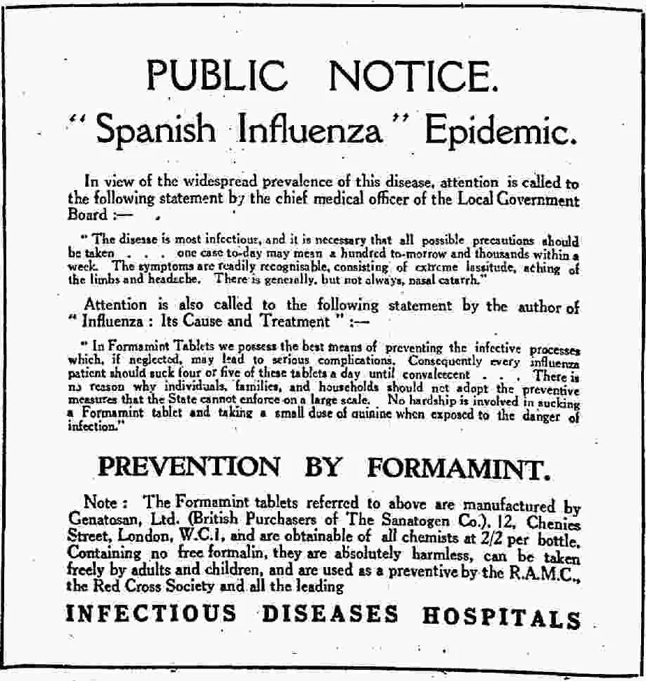 Реклама в The Times 28 июня 1918 года: «Public Notice. Spanish Influenza Epidemic. Prevention by Formamint»