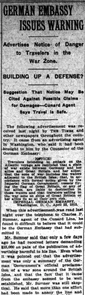 Газетная колонка New York Times от 1 мая 1915 года с объявлением посольства Германии «Notice! Travellers intending to embark on the Atlantic voyage»