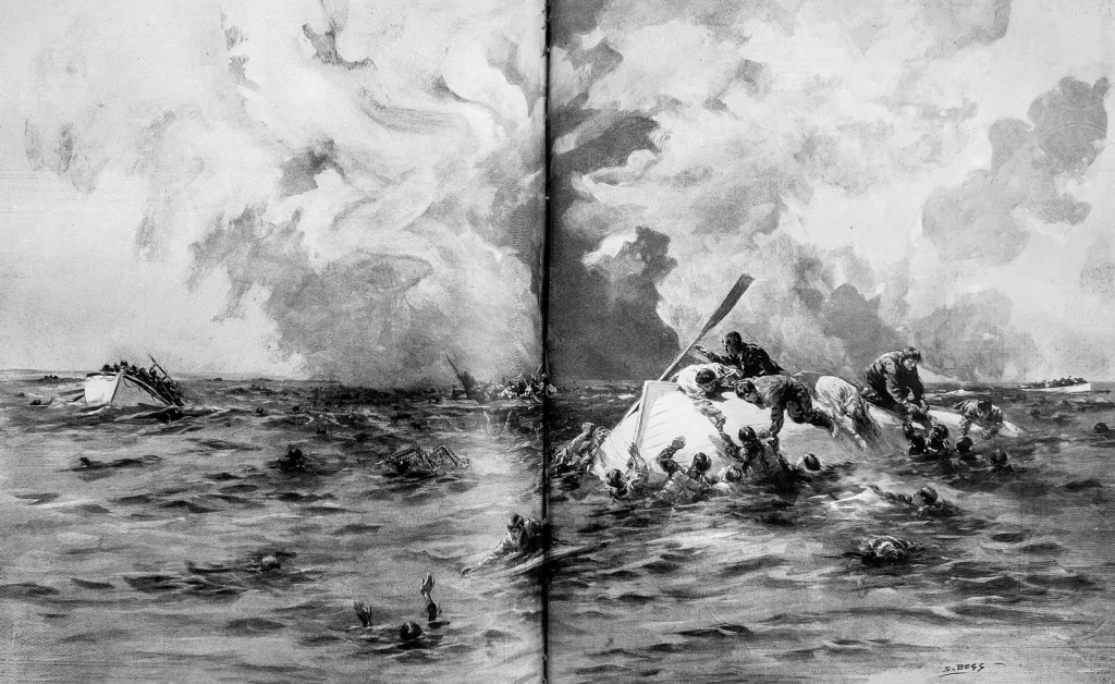 Рисунок в журнале: после гибели «Лузитании» люди в воде держатся за перевёрнутую шлюпку и вёсла, вдали другие шлюпки