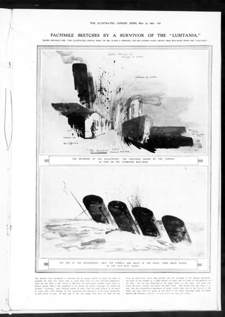 Полоса Illustrated London News с двумя рисунками тушью выжившего пассажира Оливера Бернарда: взрыв у борта и четыре трубы над водой