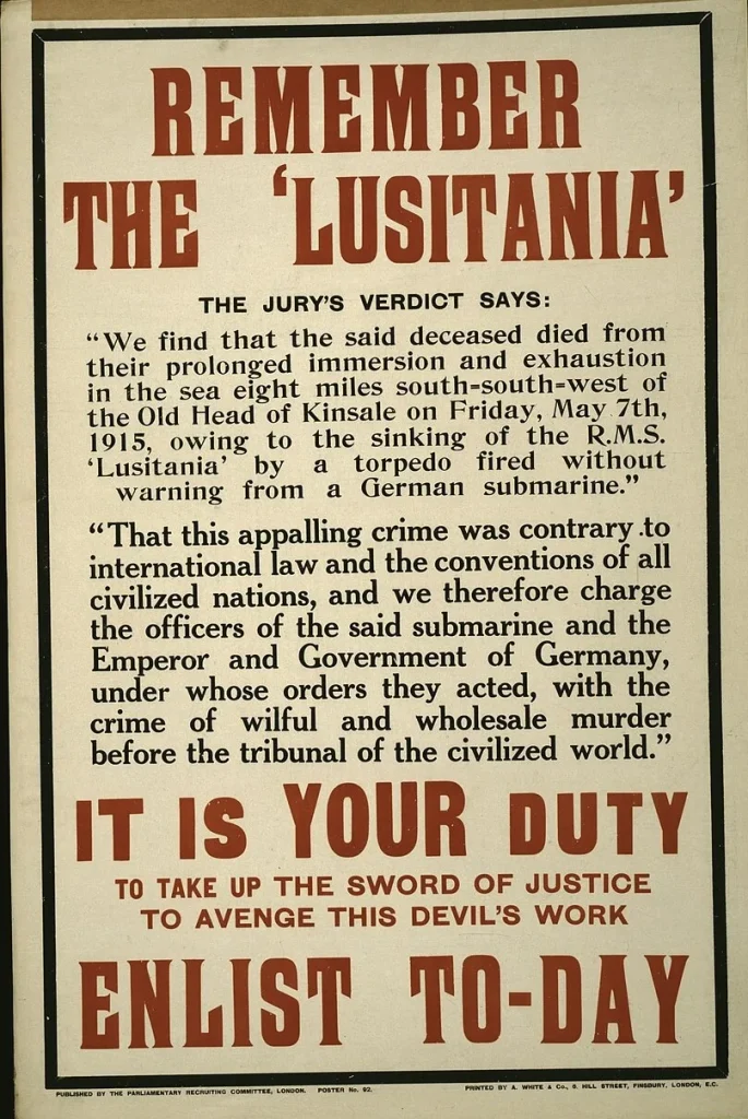 Британский плакат 1915 года «Remember the Lusitania» с текстом вердикта присяжных в Кинсейле и призывом записаться добровольцем