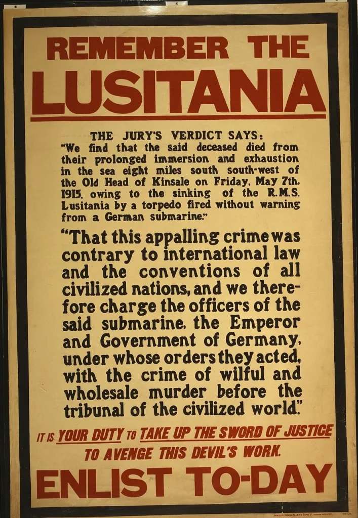 Плакат «Remember the Lusitania» на кремовом фоне с крупной надписью «Enlist to-day», май 1915 года