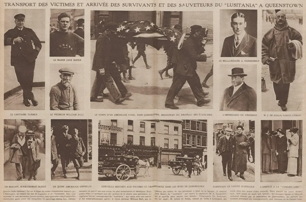 Разворот французского журнала Le Miroir 23 мая 1915 года: фотографии спасённых, гробов и капитана Тёрнера в Куинстауне