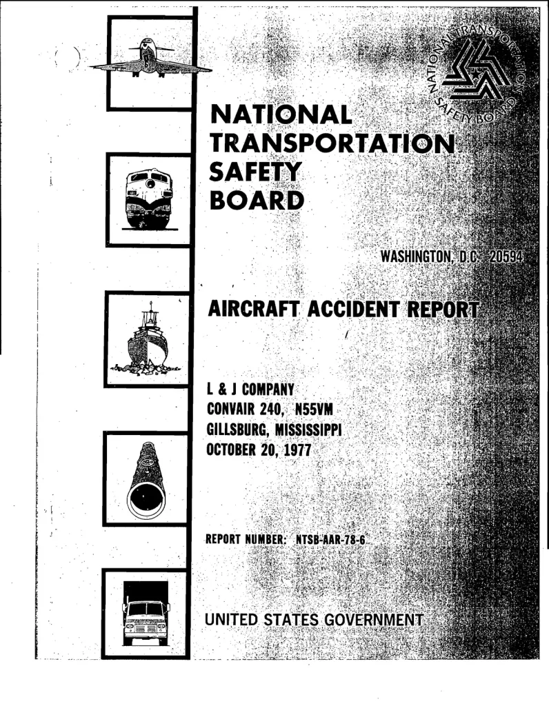 Обложка отчёта NTSB AAR-78-6 о катастрофе Lynyrd Skynyrd 1977 года: L & J Company, Convair 240, N55VM, Gillsburg, Mississippi