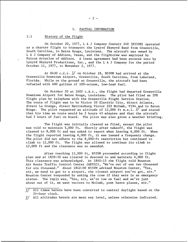 Отчёт NTSB о катастрофе Lynyrd Skynyrd 1977 года, страница с расшифровкой переговоров экипажа с Хьюстоном