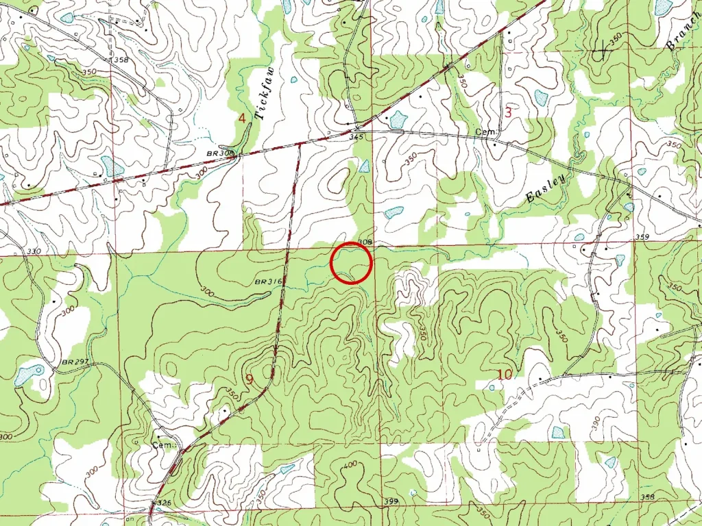 Топографическая карта USGS 1972 года, окрестности Гиллсберга, Миссисипи: лес и ручьи, где упал самолёт Lynyrd Skynyrd