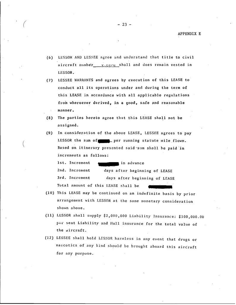 Отчёт NTSB о катастрофе Lynyrd Skynyrd 1977 года, договор аренды: страховка 2 млн долларов и пункт о наркотиках на борту