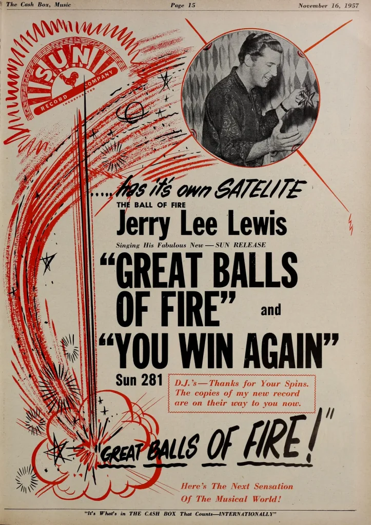 Реклама сингла Джерри Ли Льюиса Great Balls of Fire в журнале Cash Box, 1957