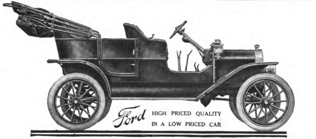 Рисунок Ford Model T из рекламы в журнале Life 1 октября 1908 года, подпись High priced quality in a low priced car