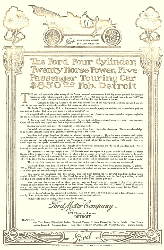 Реклама Ford Model T в журнале Collier's 3 октября 1908 года с ценой 850 долларов
