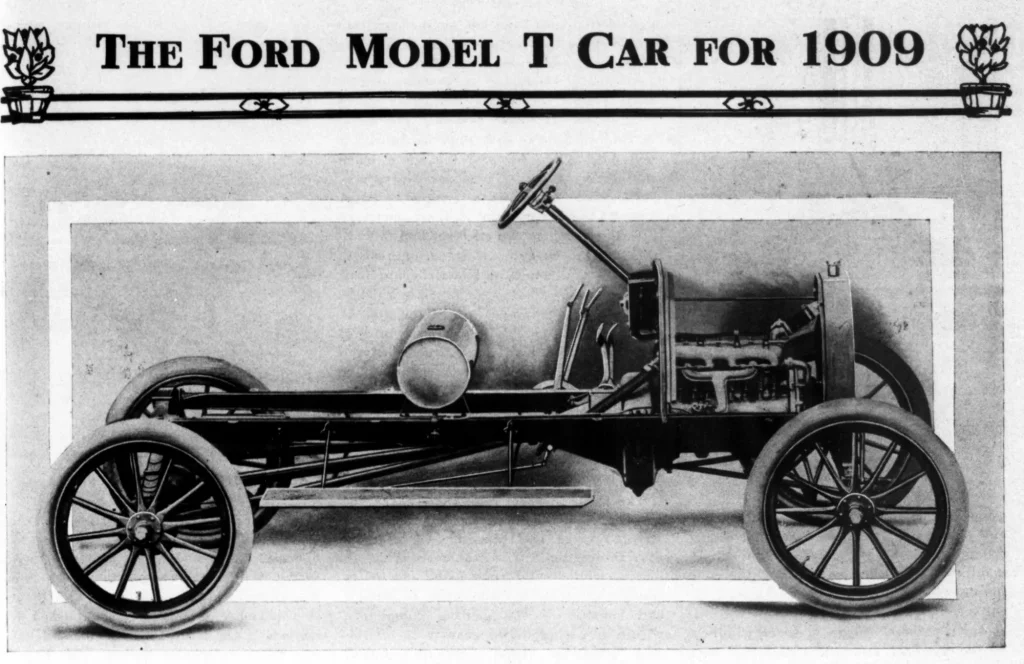 Страница журнала Motor Age 1908 года со статьёй The Ford Model T Car for 1909 и снимком шасси