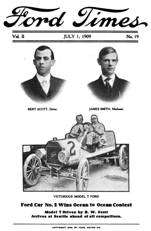 Обложка журнала Ford Times 1 июля 1909 года о победе Ford Model T в гонке от океана до океана
