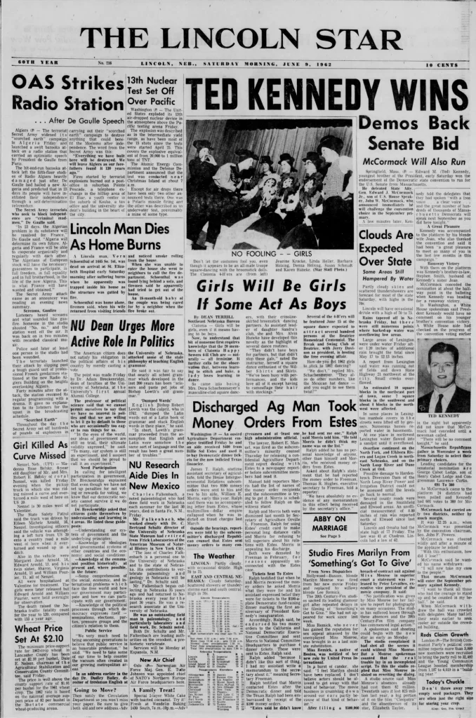 Первая полоса Lincoln Star 9 июня 1962 года: студия увольняет Мэрилин Монро со съёмок Something's Got to Give